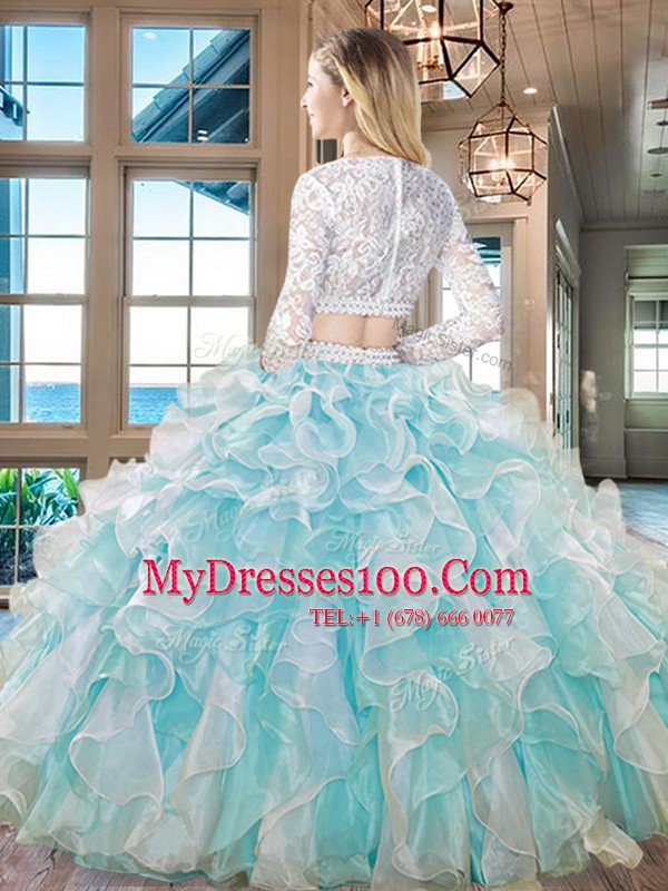 Flirting Scoop Apple Green Long Sleeves Floor Length Beading and Lace and Ruffles Zipper Sweet 16 Dress