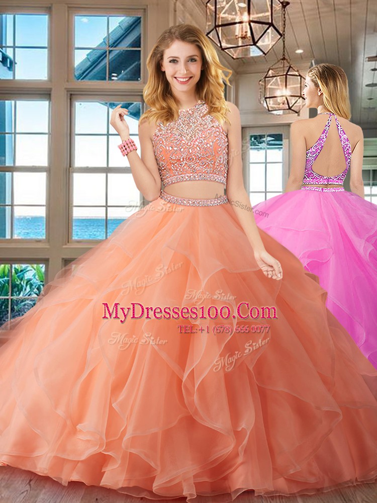 Best Selling Peach Two Pieces Organza Scoop Sleeveless Beading and Ruffles Floor Length Backless Sweet 16 Dresses