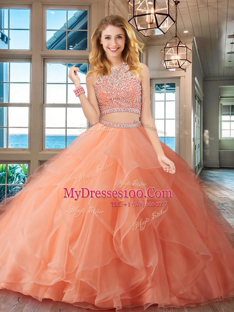 Best Selling Peach Two Pieces Organza Scoop Sleeveless Beading and Ruffles Floor Length Backless Sweet 16 Dresses