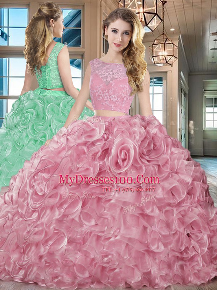 Fantastic Brush Train Two Pieces Ball Gown Prom Dress Pink Bateau Organza Sleeveless With Train Lace Up