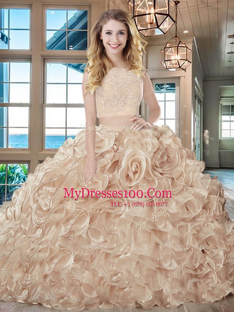 Fantastic Brush Train Two Pieces Ball Gown Prom Dress Pink Bateau Organza Sleeveless With Train Lace Up