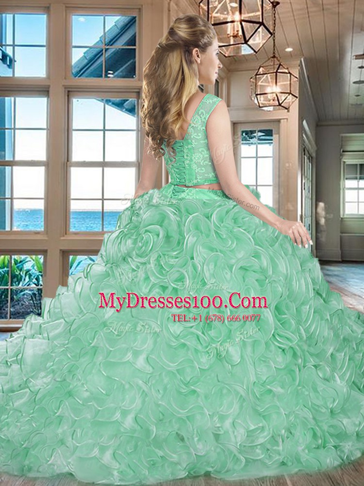 Fantastic Brush Train Two Pieces Ball Gown Prom Dress Pink Bateau Organza Sleeveless With Train Lace Up