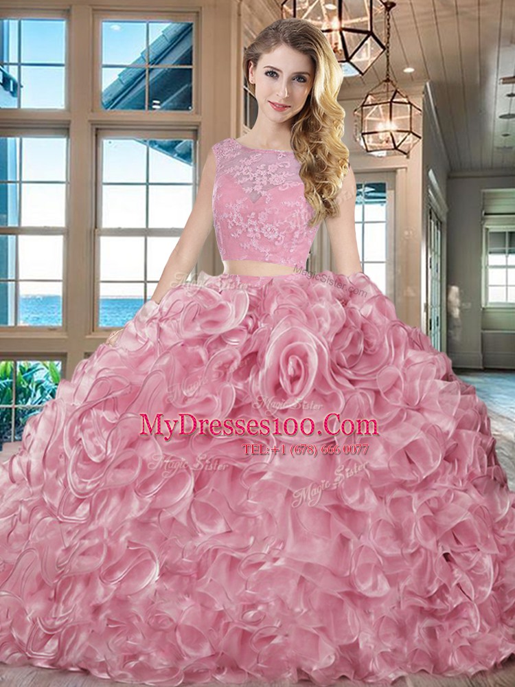 Fantastic Brush Train Two Pieces Ball Gown Prom Dress Pink Bateau Organza Sleeveless With Train Lace Up