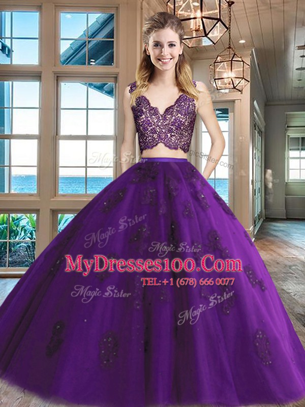 Fancy V-neck Sleeveless 15 Quinceanera Dress Floor Length Lace and Appliques Purple Tulle
