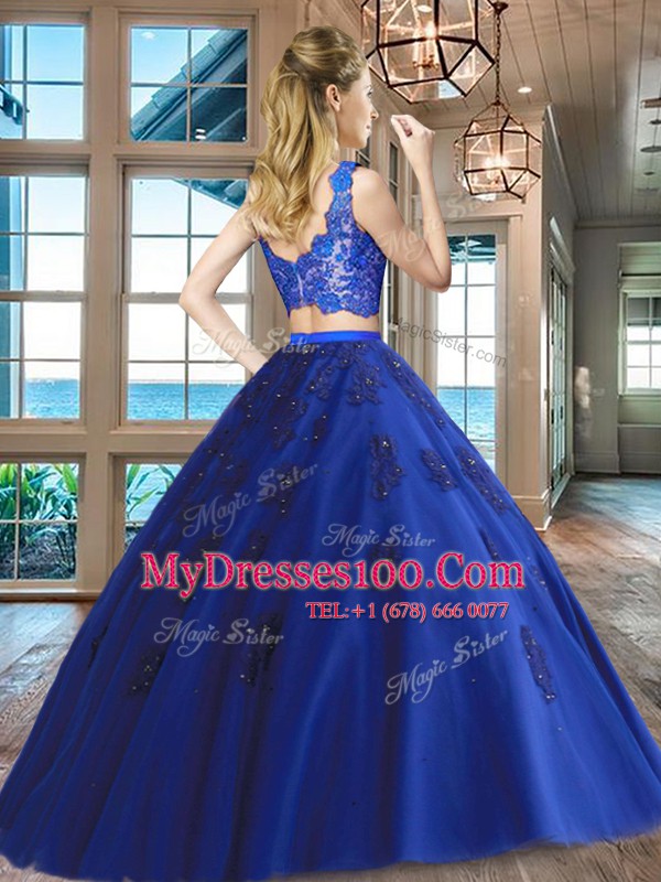 Fancy V-neck Sleeveless 15 Quinceanera Dress Floor Length Lace and Appliques Purple Tulle