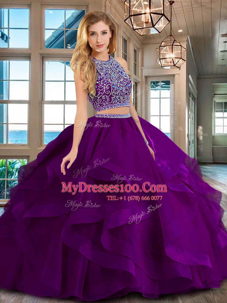Scoop Purple Sleeveless Tulle Backless 15 Quinceanera Dress for Military Ball and Sweet 16 and Quinceanera