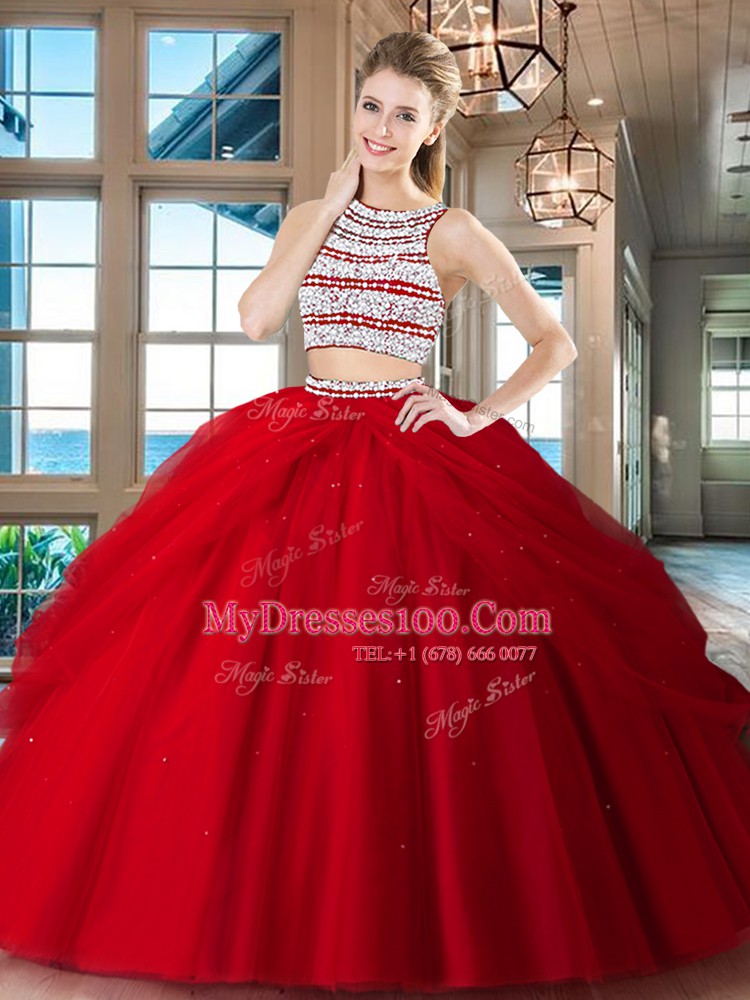 Red Tulle Backless Scoop Sleeveless Floor Length Sweet 16 Quinceanera Dress Beading and Pick Ups