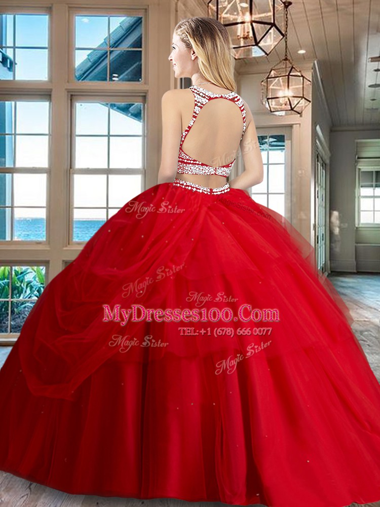 Red Tulle Backless Scoop Sleeveless Floor Length Sweet 16 Quinceanera Dress Beading and Pick Ups