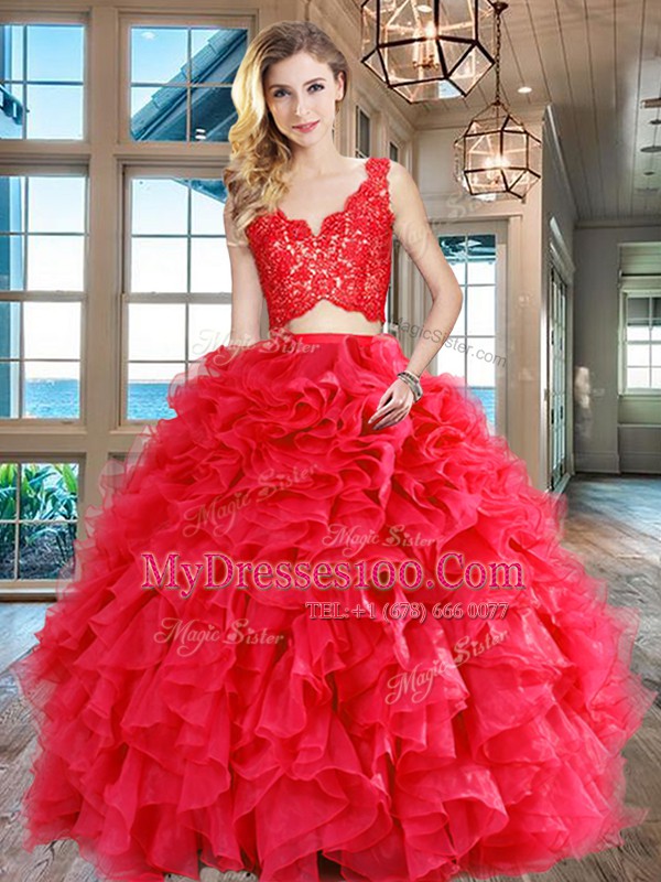Red Zipper V-neck Lace and Ruffles Quinceanera Dresses Organza Sleeveless