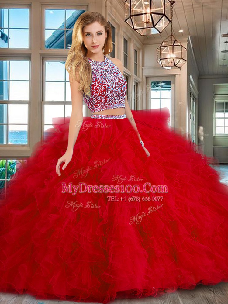Red Scoop Neckline Beading and Ruffles Quinceanera Gowns Sleeveless Backless