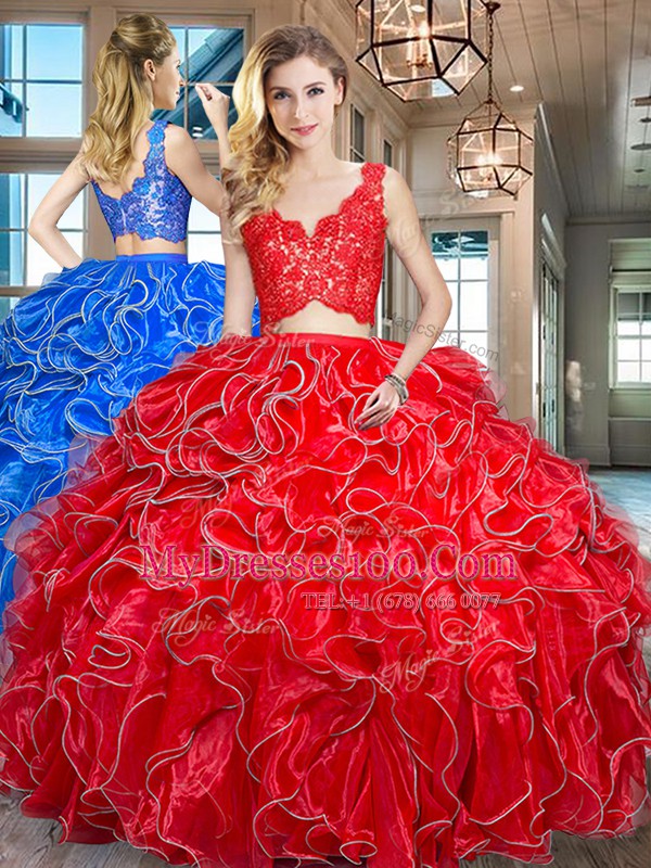 Red Organza Zipper 15 Quinceanera Dress Sleeveless Floor Length Lace and Ruffles