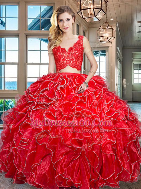 Red Organza Zipper 15 Quinceanera Dress Sleeveless Floor Length Lace and Ruffles
