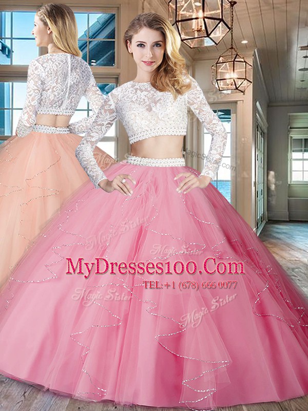 Glorious Scoop Long Sleeves Floor Length Beading and Lace and Ruffles Zipper Sweet 16 Dresses with Rose Pink