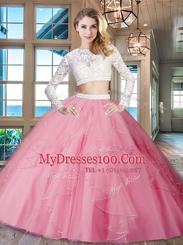 Glorious Scoop Long Sleeves Floor Length Beading and Lace and Ruffles Zipper Sweet 16 Dresses with Rose Pink