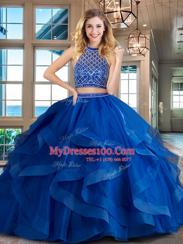 Halter Top Sleeveless Tulle Quinceanera Dresses Beading and Ruffles Brush Train Backless