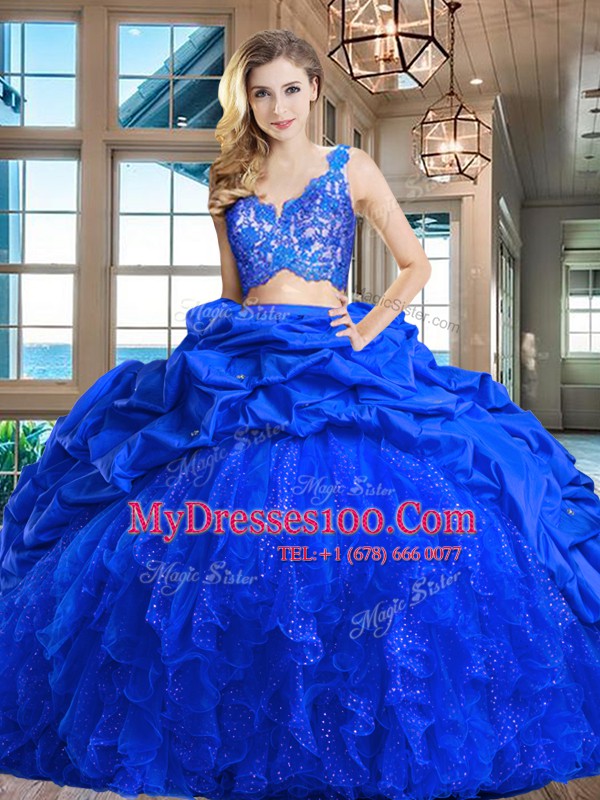 Pick Ups Brush Train Two Pieces Ball Gown Prom Dress Royal Blue V-neck Taffeta and Tulle Sleeveless Zipper