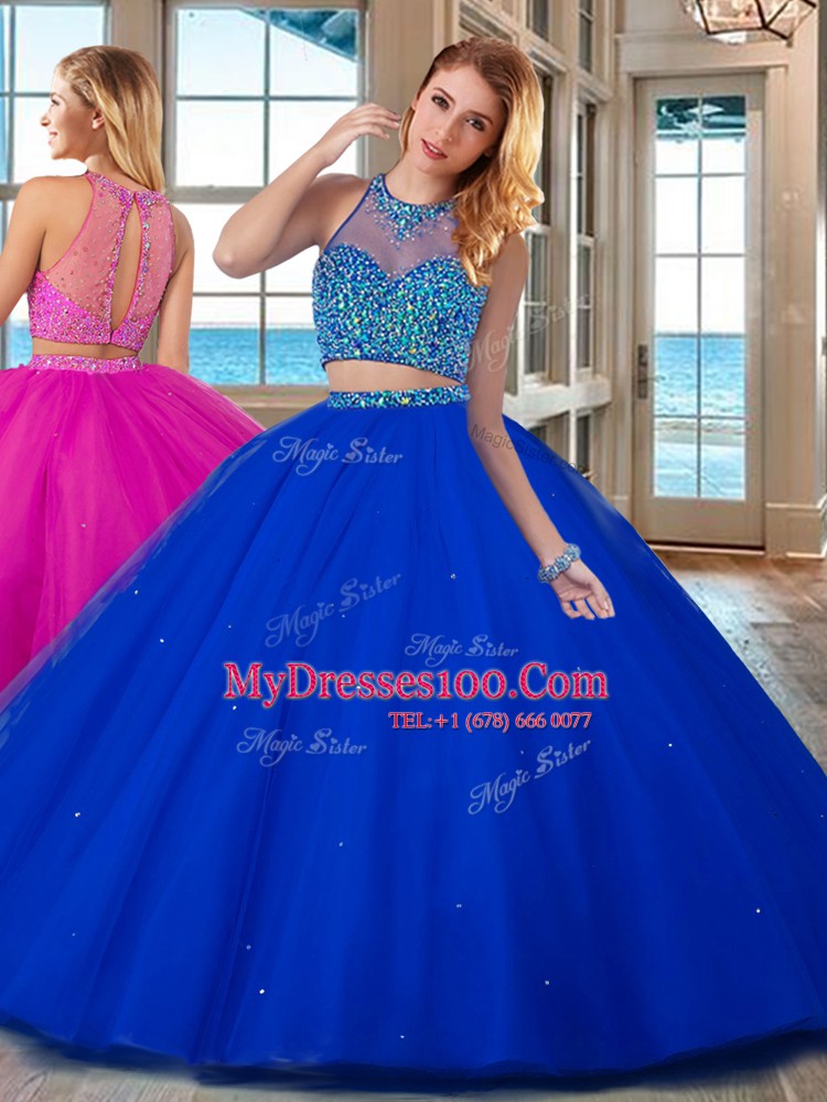 Royal Blue High-neck Neckline Beading 15th Birthday Dress Sleeveless Lace Up