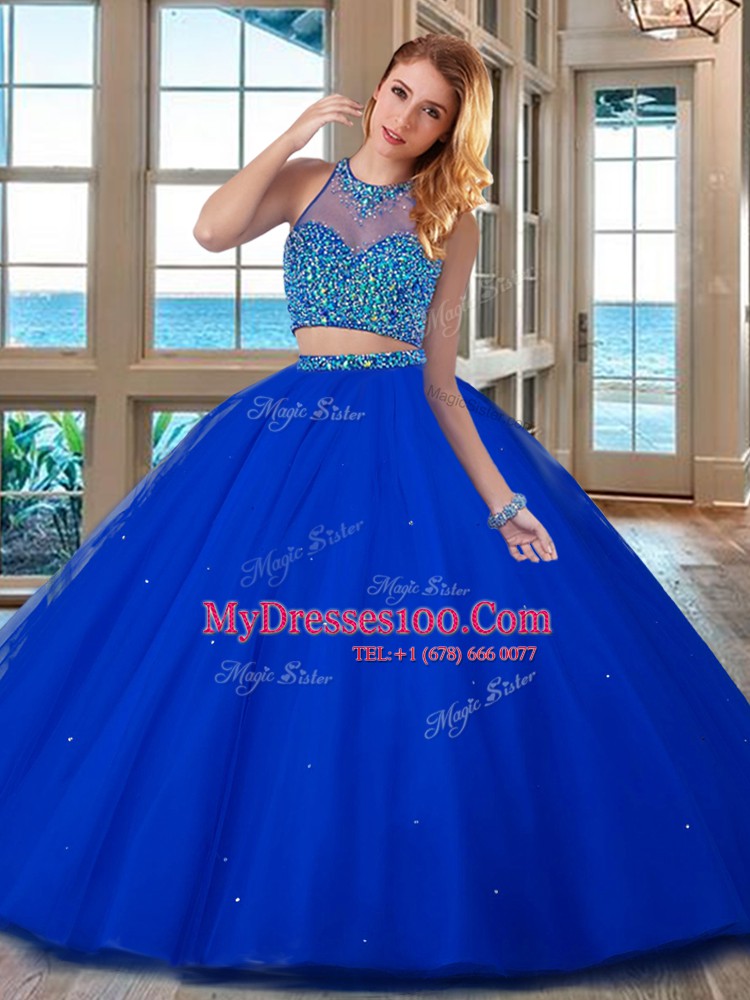 Royal Blue High-neck Neckline Beading 15th Birthday Dress Sleeveless Lace Up