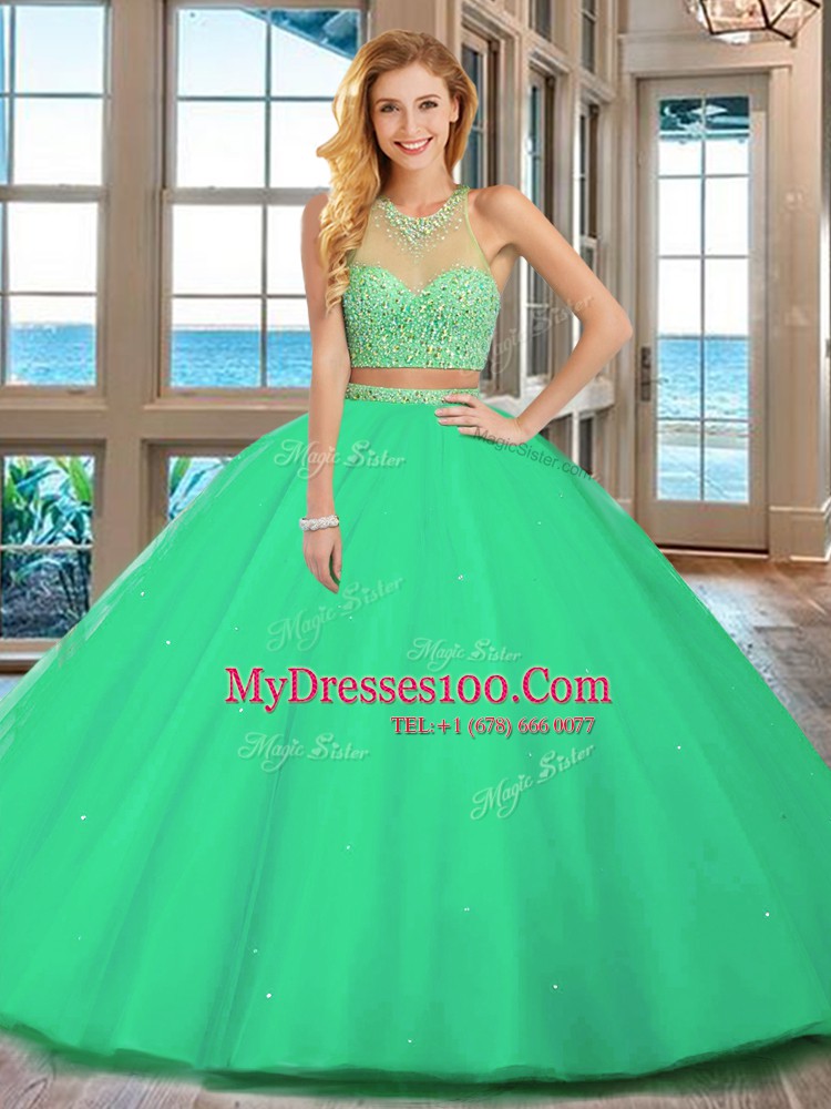 Royal Blue High-neck Neckline Beading 15th Birthday Dress Sleeveless Lace Up