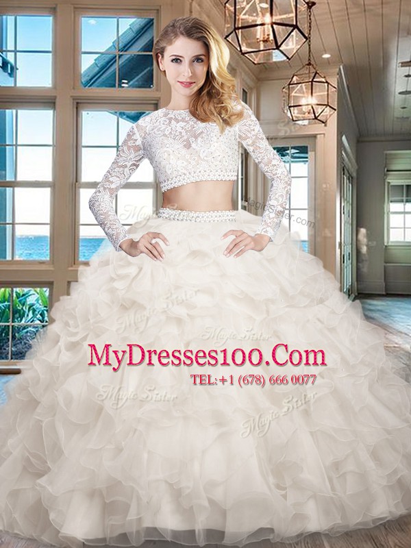 Artistic Two Pieces Sweet 16 Quinceanera Dress White Scoop Organza Long Sleeves Floor Length Zipper