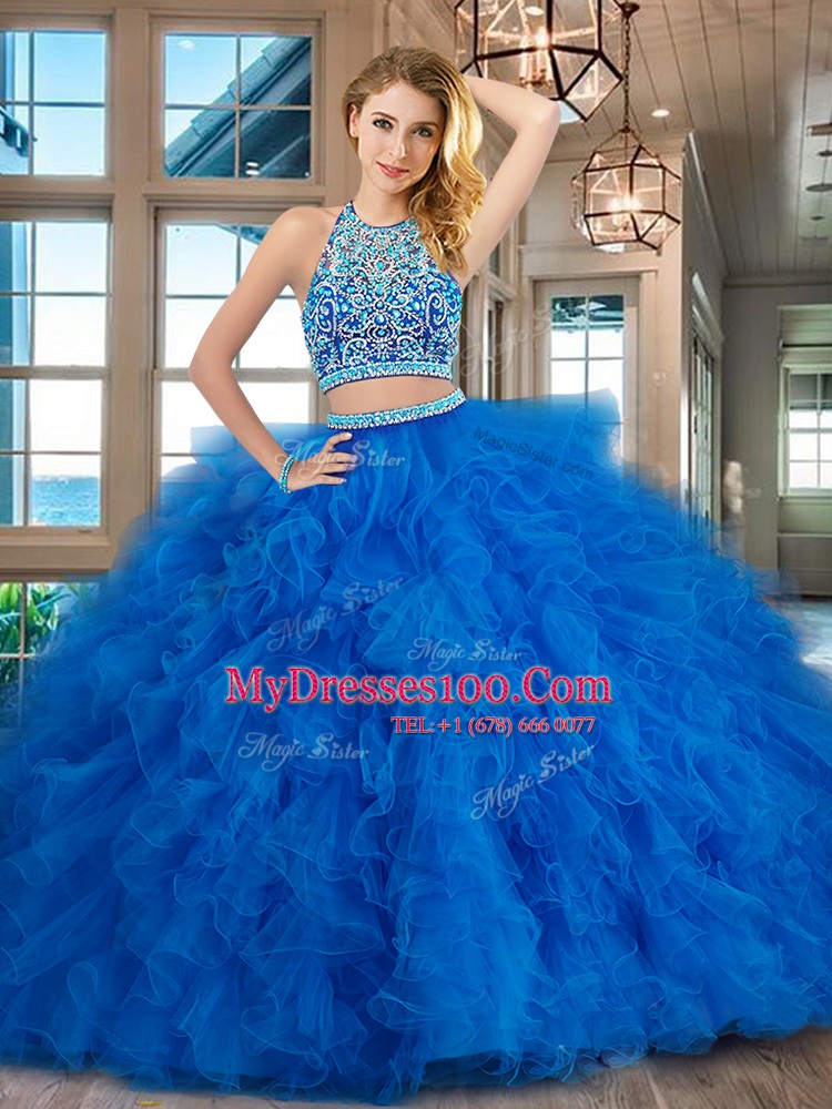 Popular Blue Scoop Neckline Beading and Ruffles Quinceanera Dress Sleeveless Backless