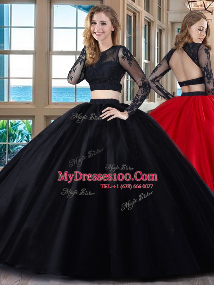 Scoop Long Sleeves Floor Length Appliques Backless Vestidos de Quinceanera with Black and Red