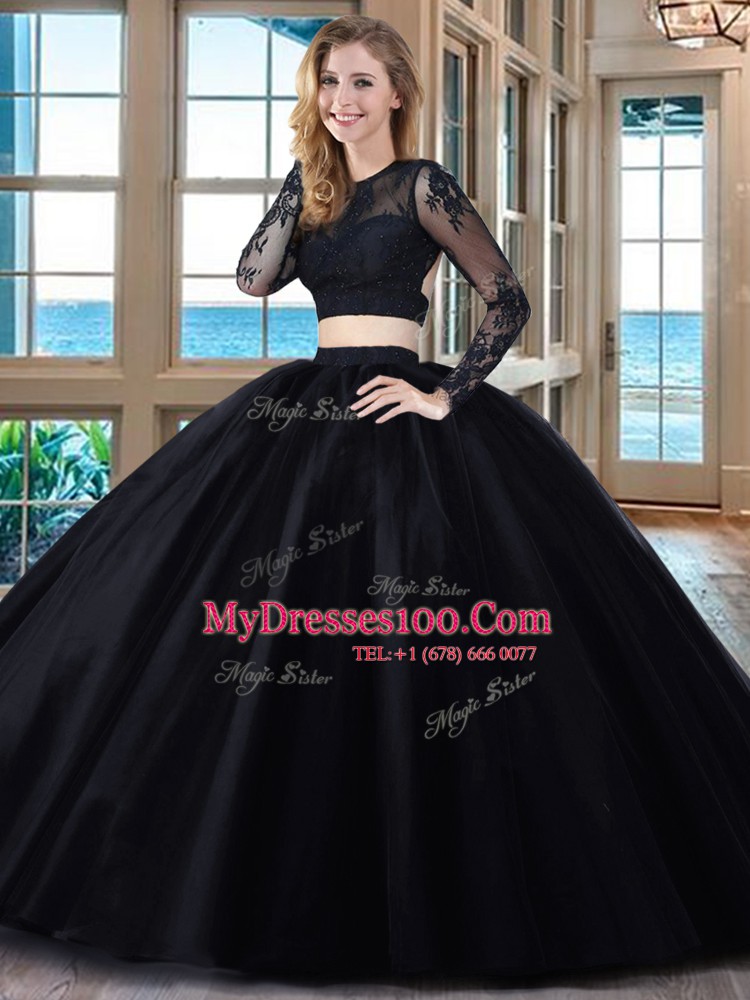 Scoop Long Sleeves Floor Length Appliques Backless Vestidos de Quinceanera with Black and Red