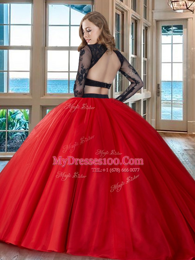 Scoop Long Sleeves Floor Length Appliques Backless Vestidos de Quinceanera with Black and Red