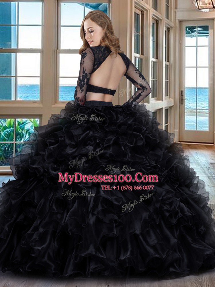 Best Selling Two Pieces Sweet 16 Dresses Black and Red Scoop Organza Long Sleeves Floor Length Backless