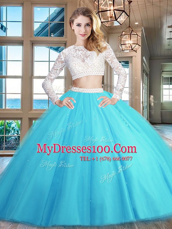 Elegant Baby Blue Two Pieces Scoop Long Sleeves Tulle Floor Length Zipper Beading and Lace 15th Birthday Dress