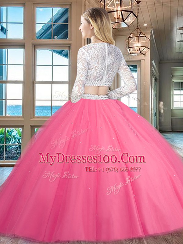Elegant Baby Blue Two Pieces Scoop Long Sleeves Tulle Floor Length Zipper Beading and Lace 15th Birthday Dress