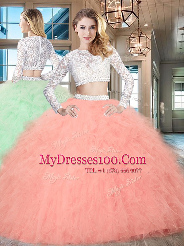 Scoop Long Sleeves Tulle Floor Length Zipper Sweet 16 Dress in Watermelon Red with Beading and Lace and Ruffles
