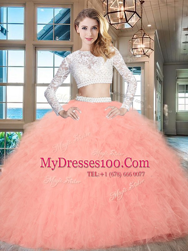 Scoop Long Sleeves Tulle Floor Length Zipper Sweet 16 Dress in Watermelon Red with Beading and Lace and Ruffles