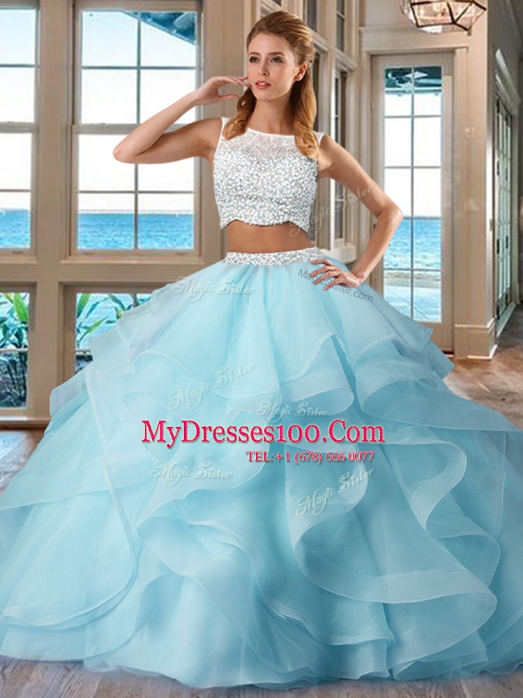 Custom Fit Light Blue Sleeveless Organza Side Zipper 15th Birthday Dress for Military Ball and Sweet 16 and Quinceanera