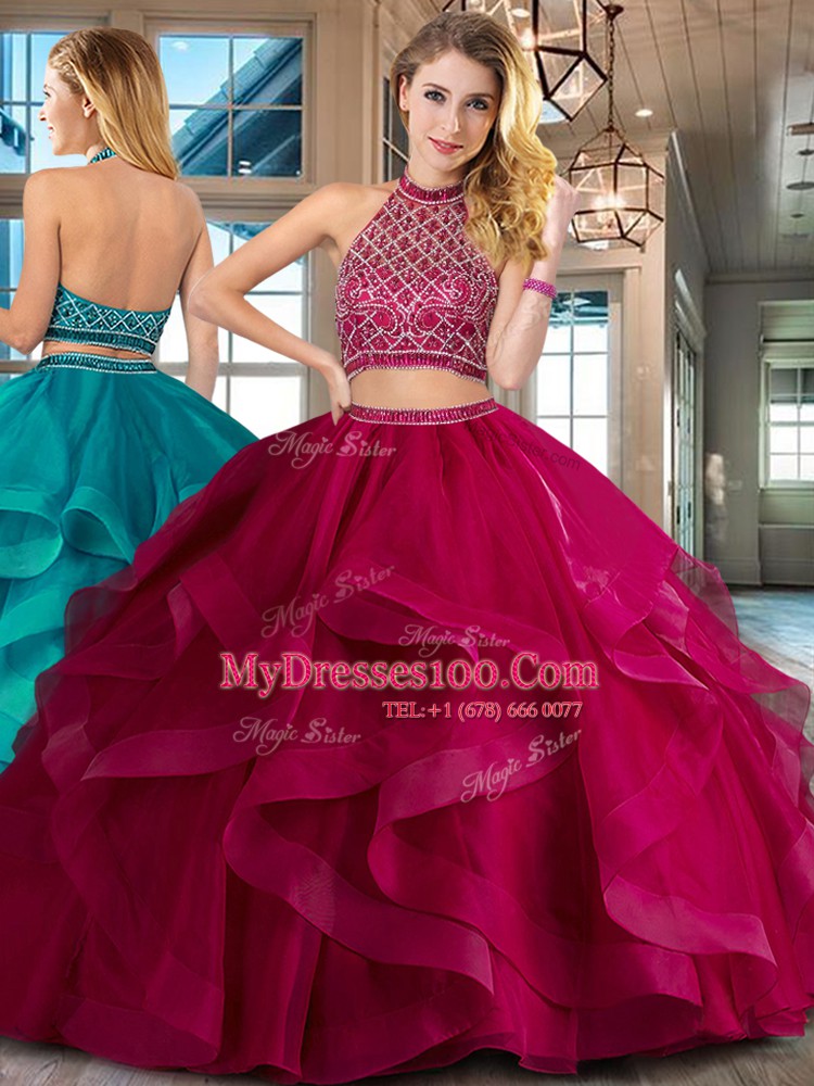 Backless Halter Top Sleeveless Sweet 16 Dresses Brush Train Beading and Ruffles Fuchsia Tulle