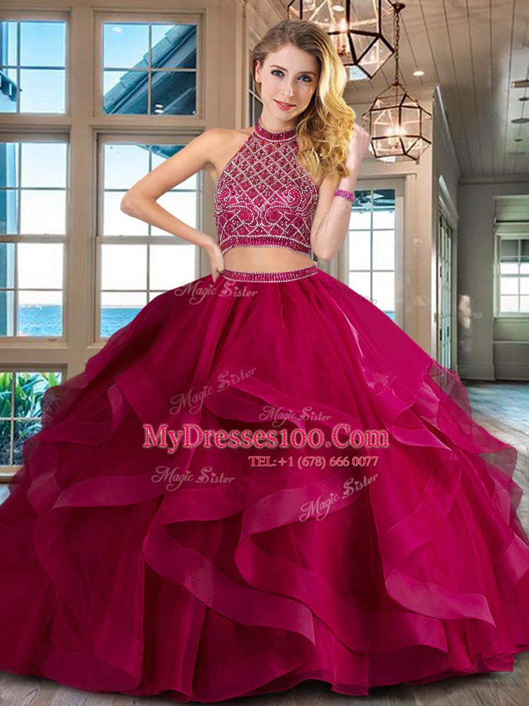 Backless Halter Top Sleeveless Sweet 16 Dresses Brush Train Beading and Ruffles Fuchsia Tulle