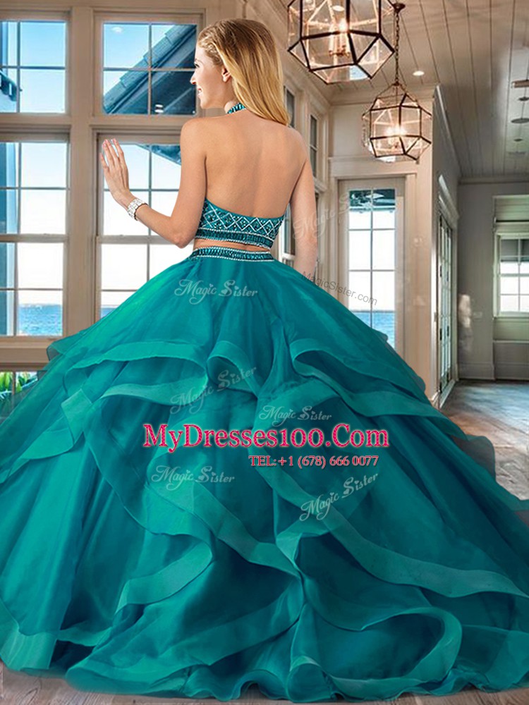 Backless Halter Top Sleeveless Sweet 16 Dresses Brush Train Beading and Ruffles Fuchsia Tulle