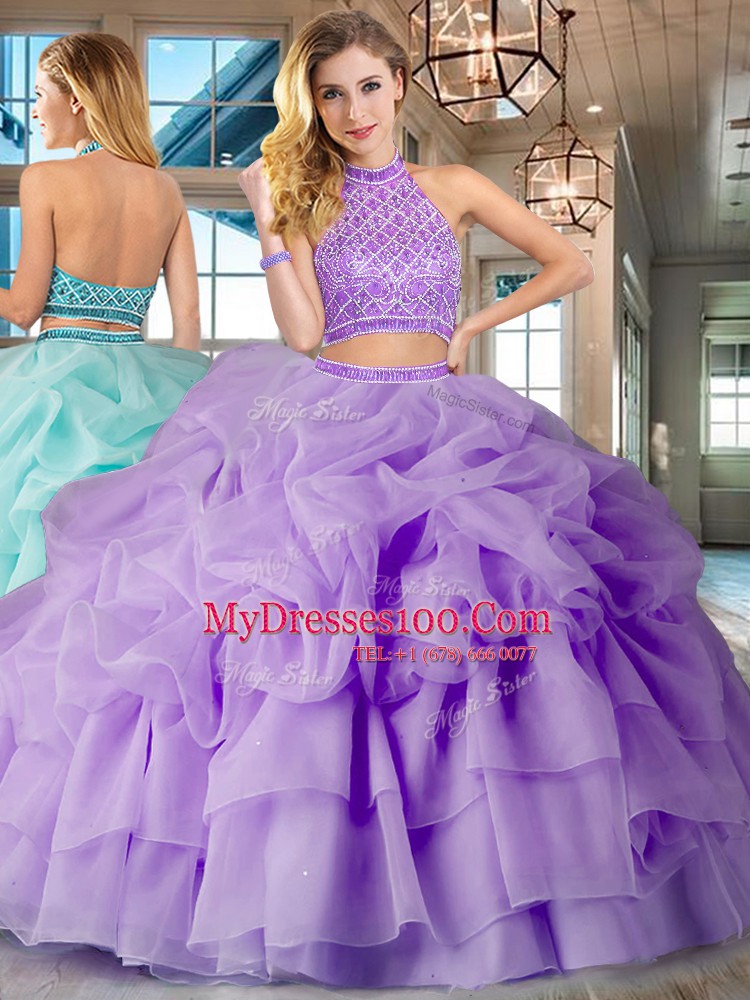 Trendy Halter Top Pick Ups Ruffled Two Pieces Sleeveless Lavender Sweet 16 Dresses Brush Train Backless