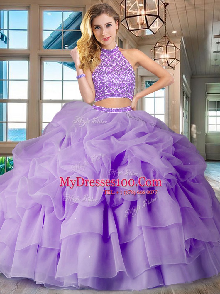 Trendy Halter Top Pick Ups Ruffled Two Pieces Sleeveless Lavender Sweet 16 Dresses Brush Train Backless