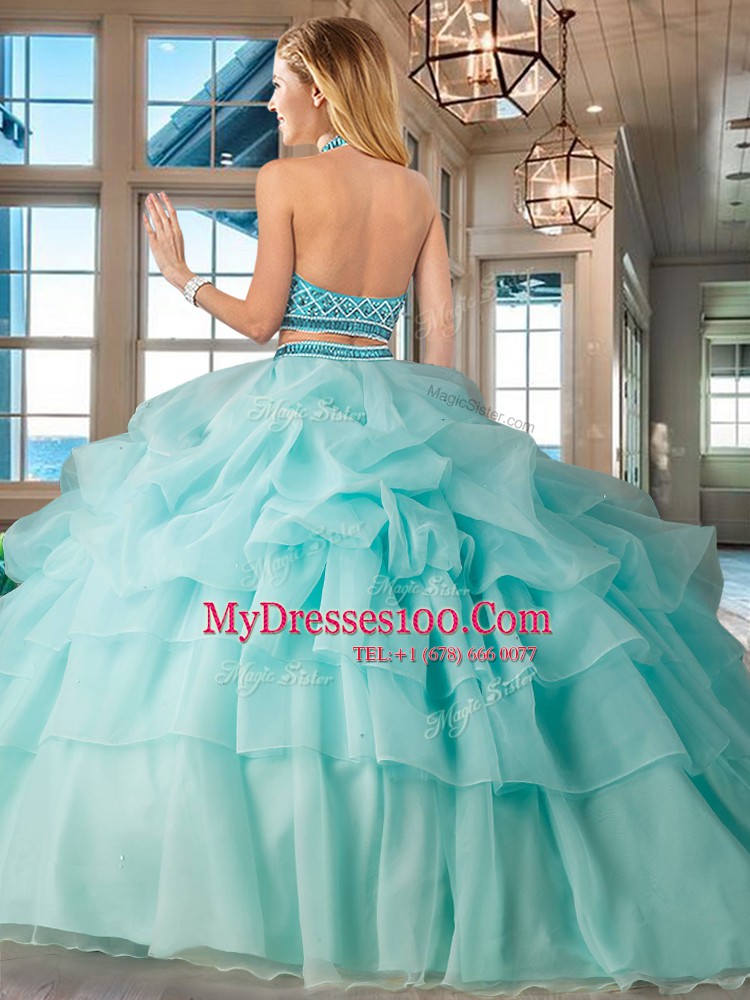 Trendy Halter Top Pick Ups Ruffled Two Pieces Sleeveless Lavender Sweet 16 Dresses Brush Train Backless