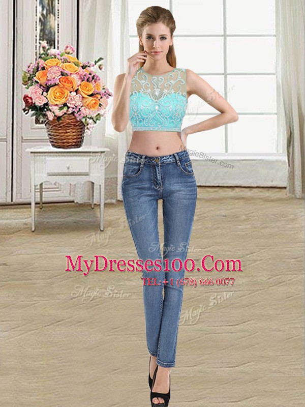Modest Four Piece Scoop Floor Length Ball Gowns Sleeveless Aqua Blue Quinceanera Gowns Zipper