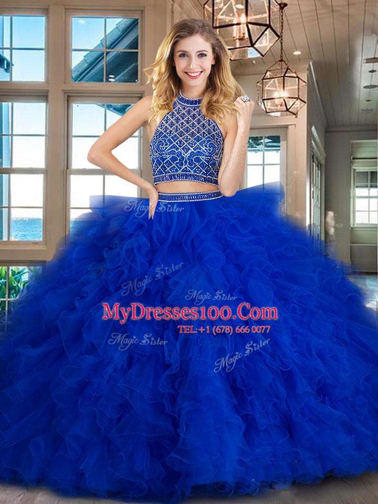 Dynamic Halter Top Backless Royal Blue Sleeveless Brush Train Beading and Ruffles Quince Ball Gowns