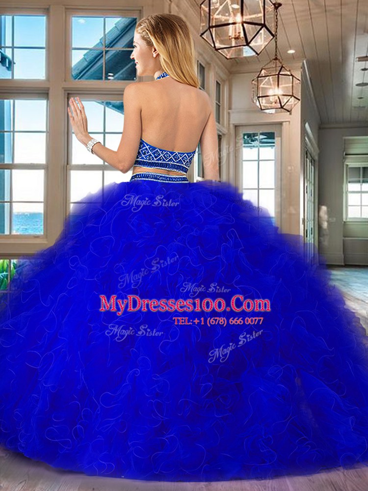 Dynamic Halter Top Backless Royal Blue Sleeveless Brush Train Beading and Ruffles Quince Ball Gowns