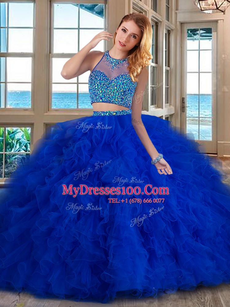 Royal Blue Two Pieces High-neck Sleeveless Tulle With Brush Train Lace Up Beading and Ruffles Vestidos de Quinceanera