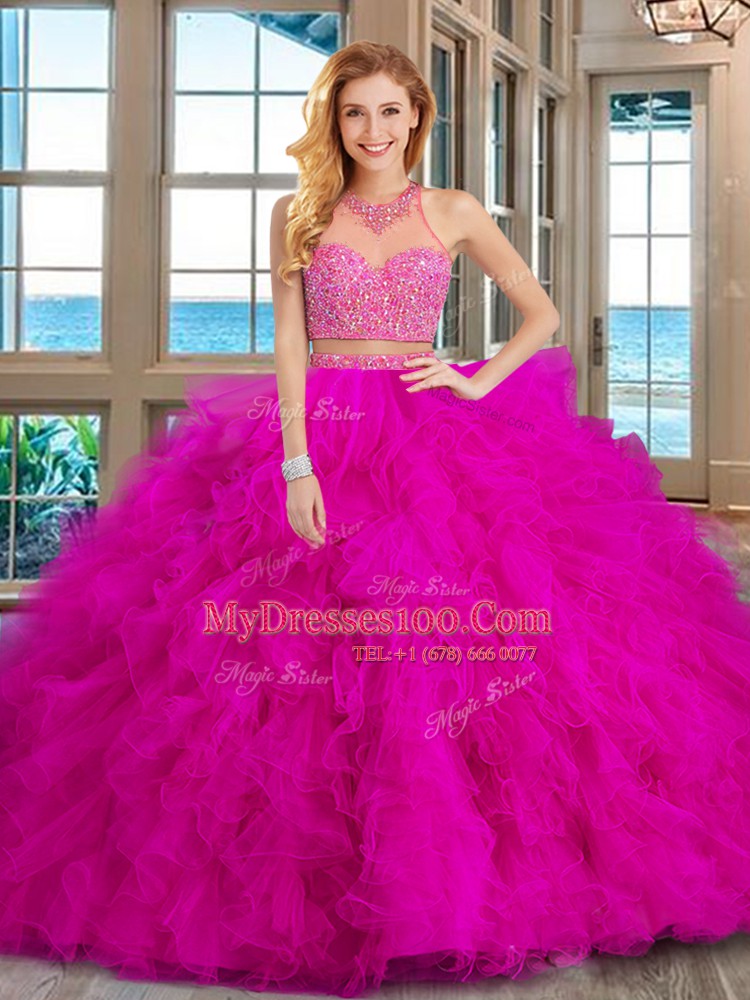 Royal Blue Two Pieces High-neck Sleeveless Tulle With Brush Train Lace Up Beading and Ruffles Vestidos de Quinceanera