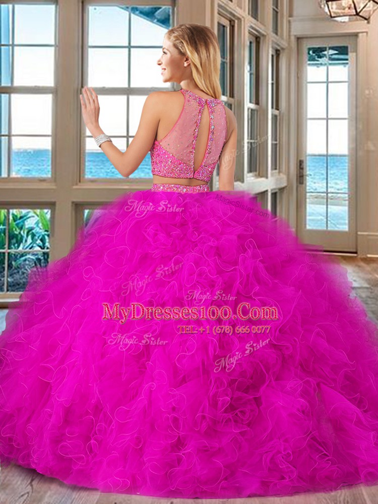 Royal Blue Two Pieces High-neck Sleeveless Tulle With Brush Train Lace Up Beading and Ruffles Vestidos de Quinceanera