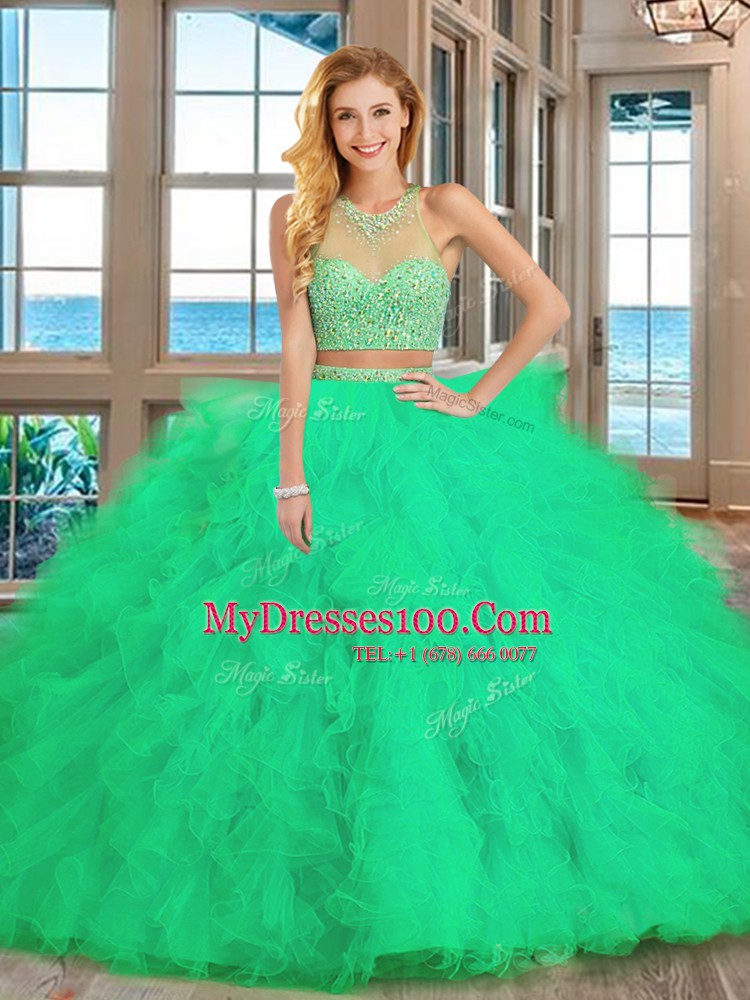 Royal Blue Two Pieces High-neck Sleeveless Tulle With Brush Train Lace Up Beading and Ruffles Vestidos de Quinceanera