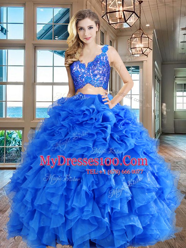 Comfortable Blue Sleeveless Organza Zipper Sweet 16 Dress for Military Ball and Sweet 16 and Quinceanera
