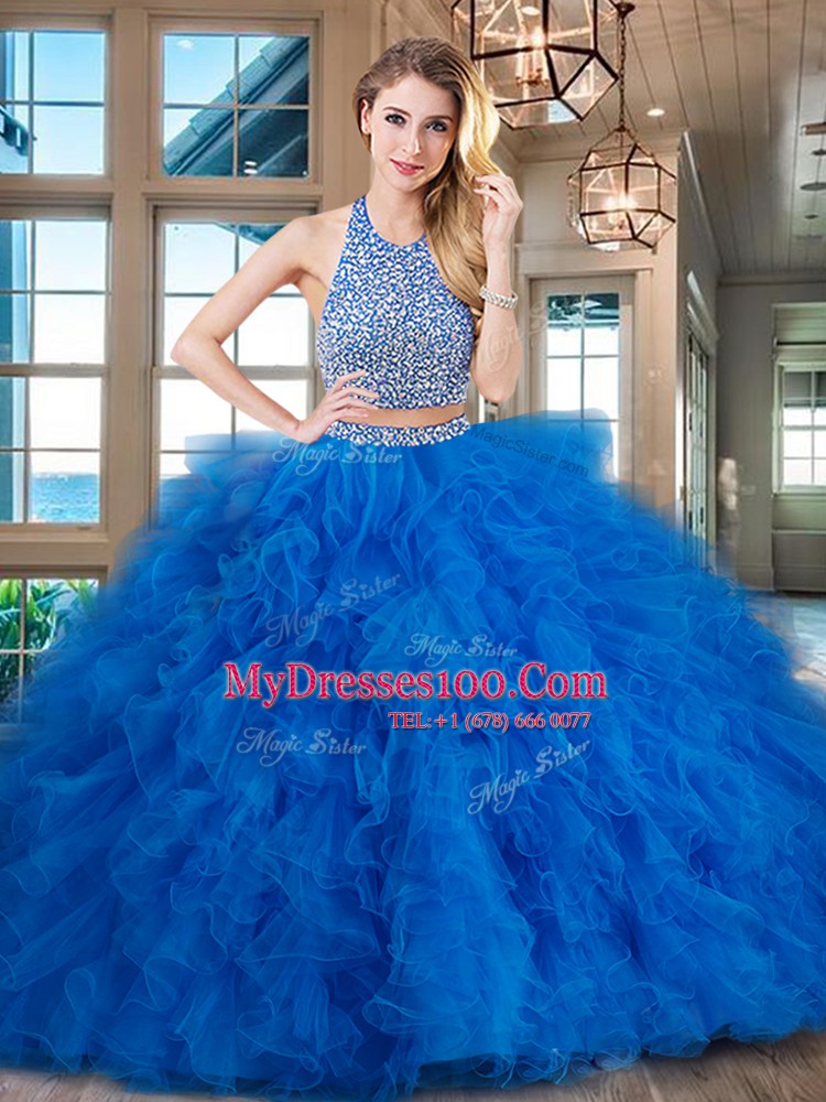 Fantastic Fuchsia Halter Top Neckline Beading and Ruffles Sweet 16 Dress Sleeveless Backless