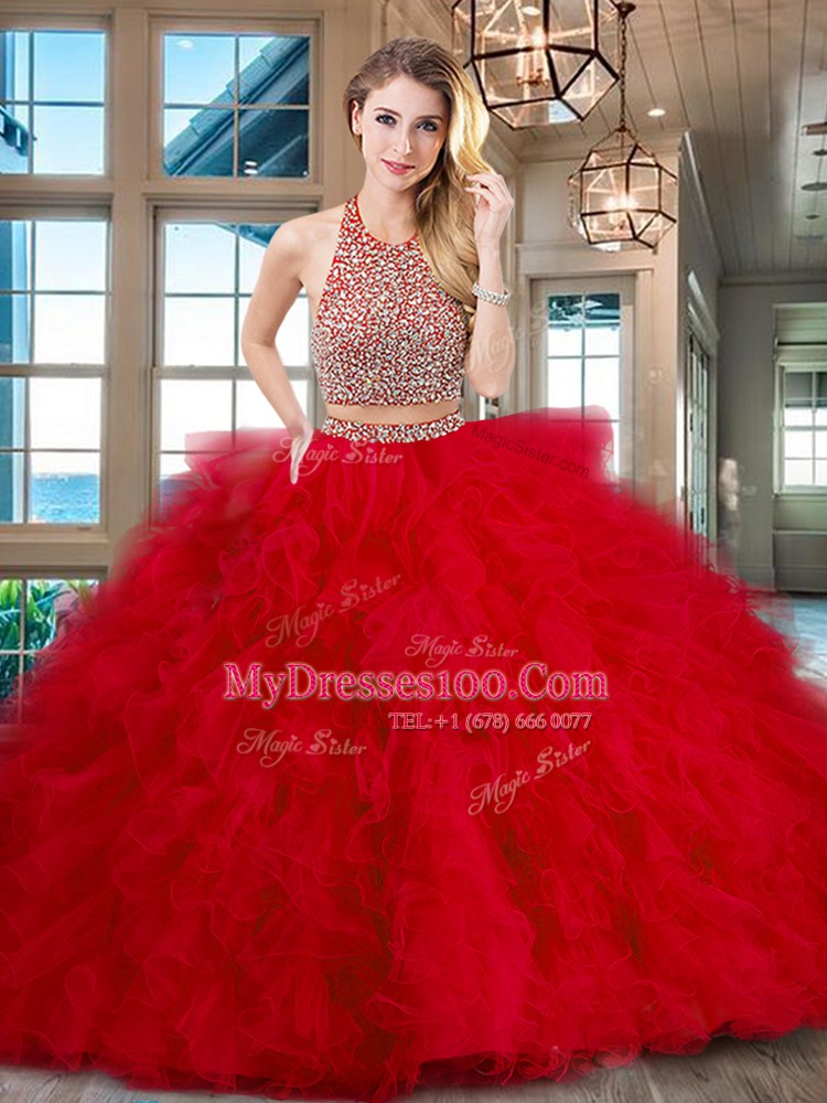 Fantastic Fuchsia Halter Top Neckline Beading and Ruffles Sweet 16 Dress Sleeveless Backless